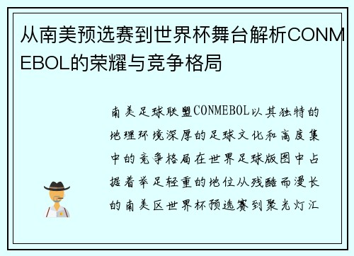 从南美预选赛到世界杯舞台解析CONMEBOL的荣耀与竞争格局