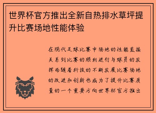 世界杯官方推出全新自热排水草坪提升比赛场地性能体验